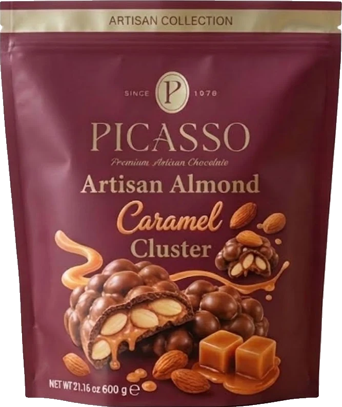Picasso Cluster Karamelli & Bademli — Dolgulu çikolata · 600 g